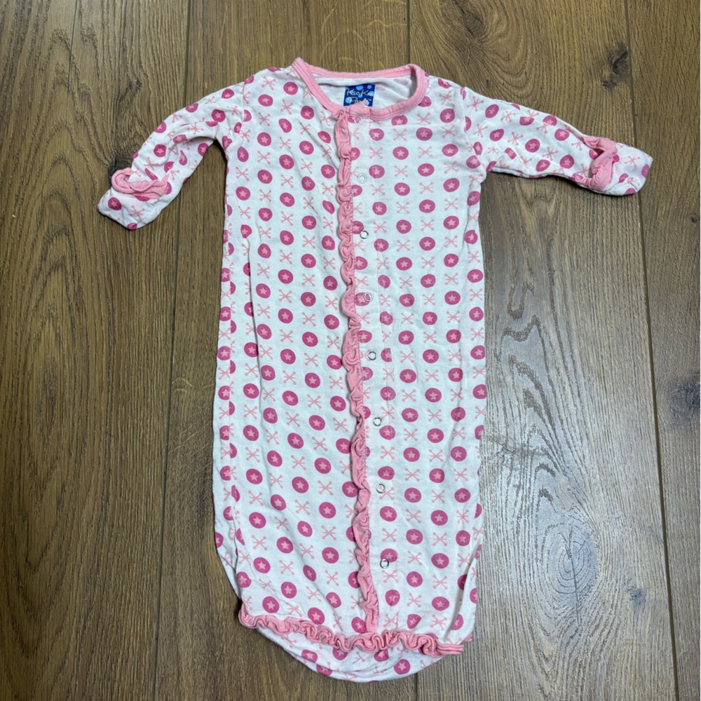 Kickee Pants Ruffle Layette Gown 0-3M Pink and White Print Bamboo